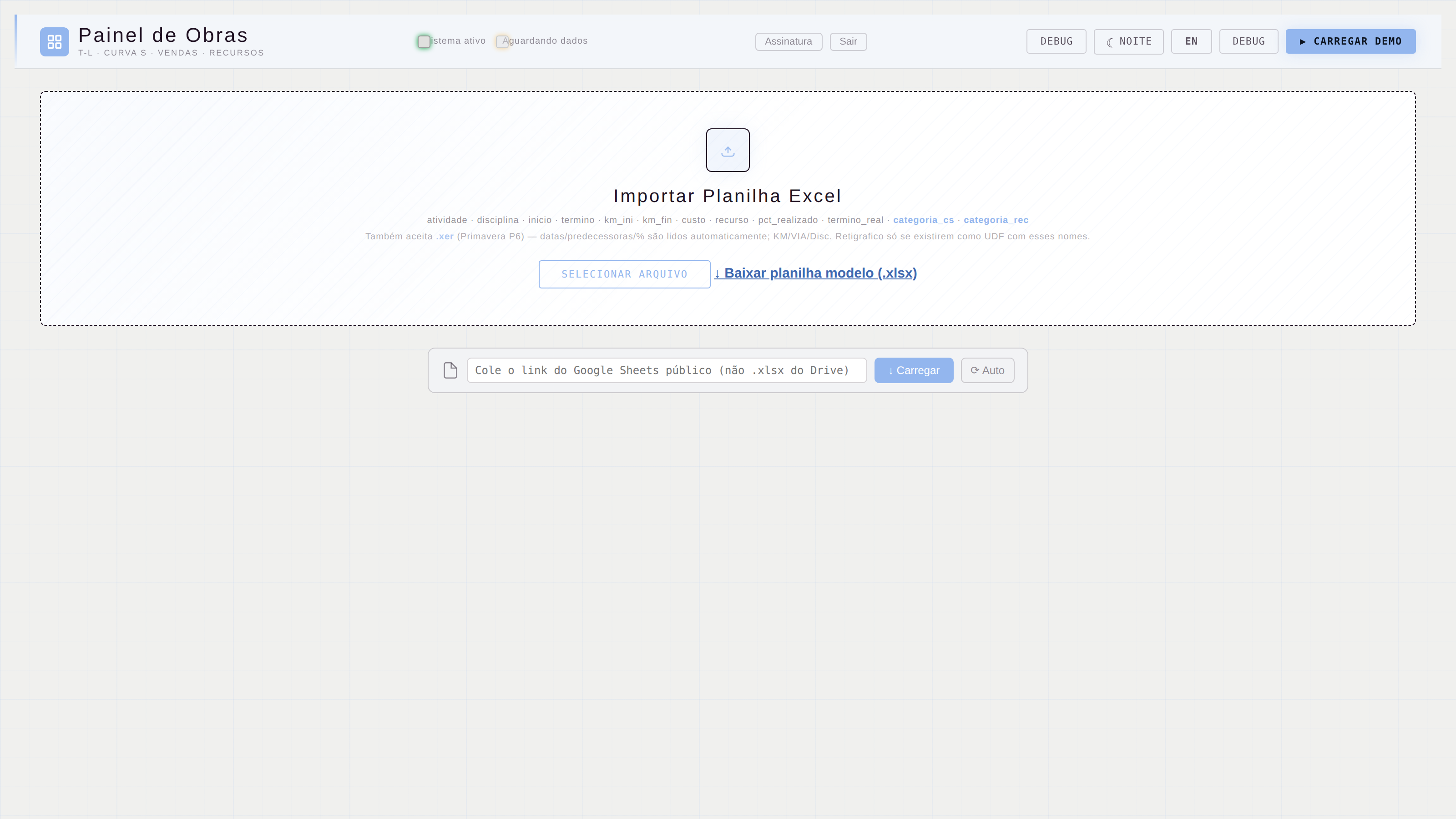 Tela inicial de upload do painel